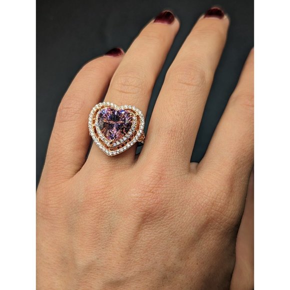Designer Signed W Sterling Silver 925 Rose Gold Plated Pink Heart Halo Ring Sz 6 - Picture 7 of 12